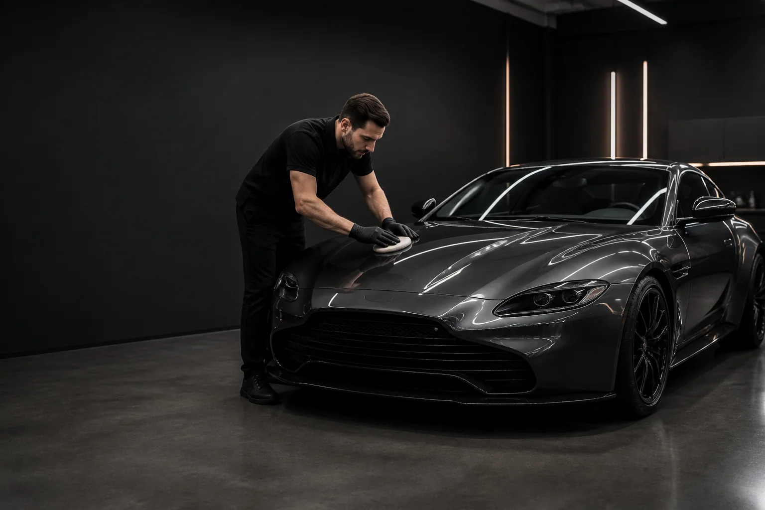 Specialist care verifică și lustruiește caroseria într-un studio de detailing