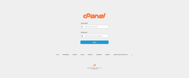 Pagina de autentificare cPanel folosită la lansarea unui website WordPress