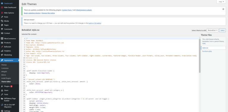 Editorul de fișiere WordPress deschis pentru modificarea controlată a codului PHP