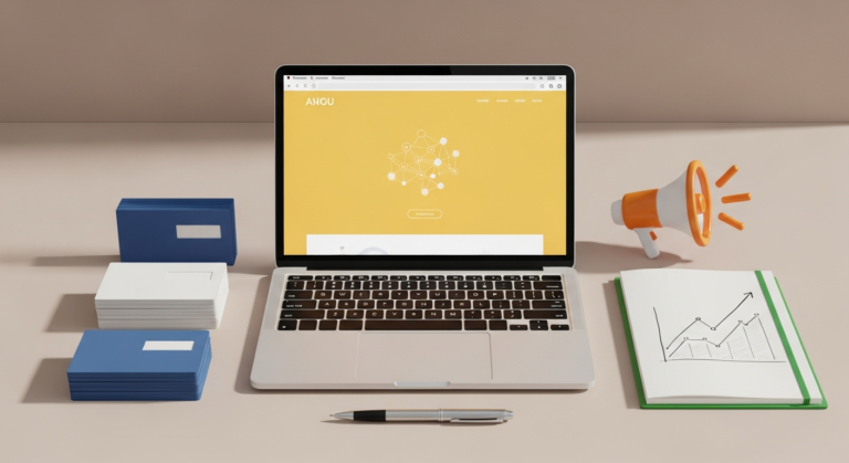 Laptop și materiale de marketing pentru prezentarea serviciilor unei firme online