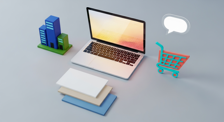 Laptop, clădiri și simbol de comerț online pentru dezvoltarea unui website business