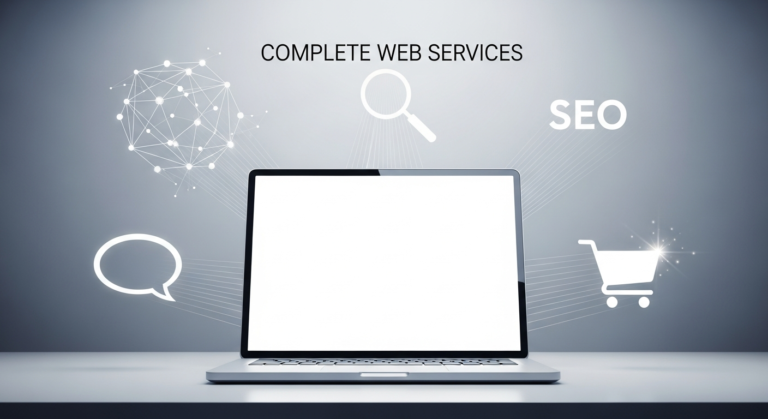 Laptop deschis înconjurat de simboluri pentru servicii web, SEO, comunicare și comerț online