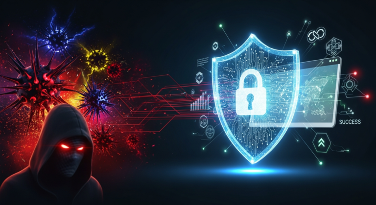 Atacator ascuns lângă un scut digital care protejează un website
