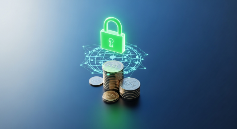 Lacăt digital deasupra unor monede, reprezentând costul și protecția unui certificat SSL