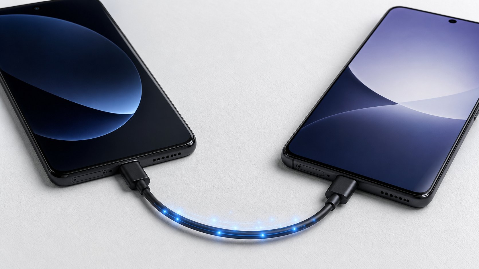 Two phones connected with a USB-C cable for a Smart Switch transfer