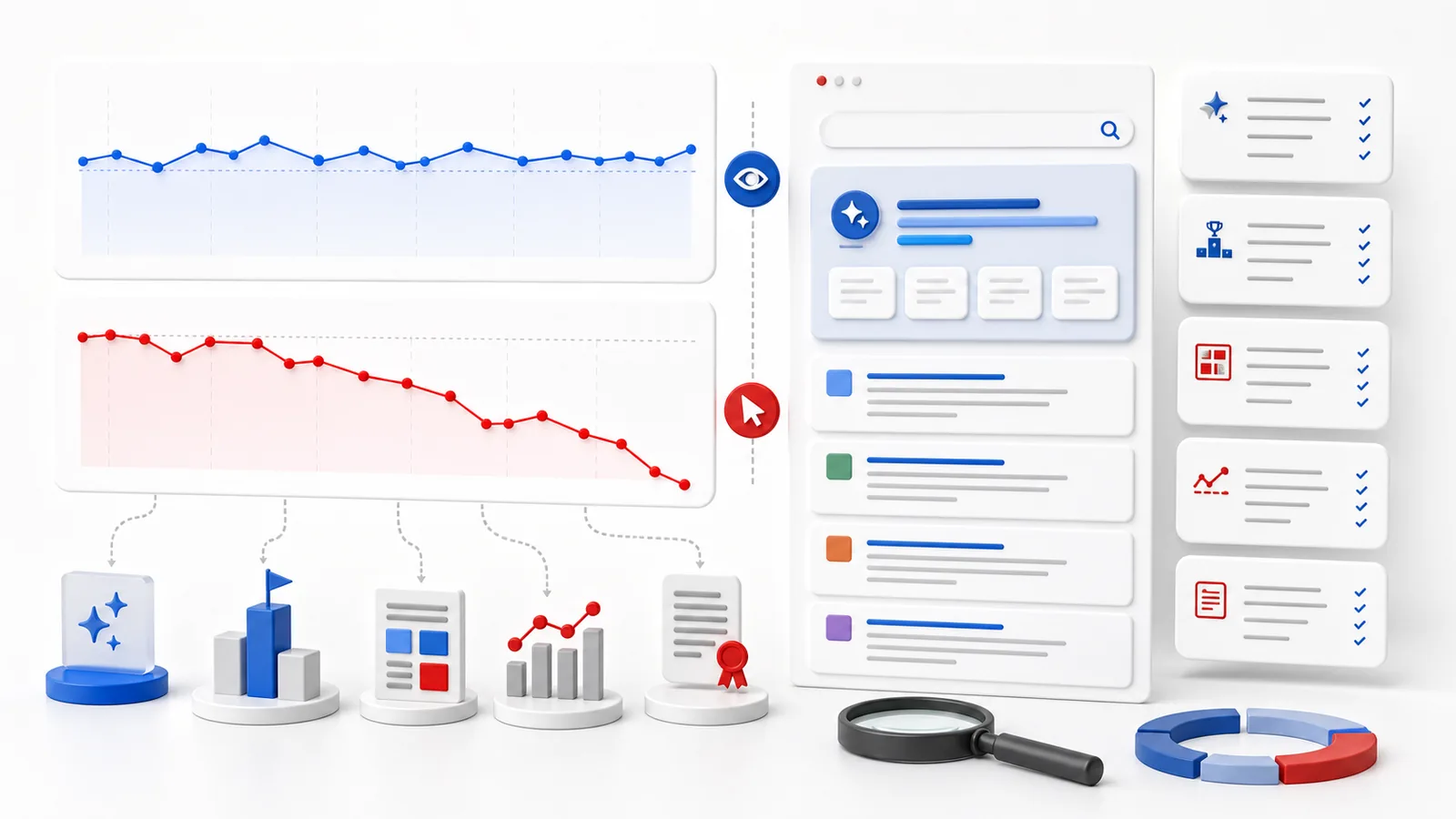 Grafic SEO cu afișări stabile și clicuri în scădere pentru diagnosticarea impactului AI Overviews