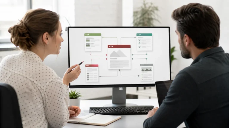 Specialiști care planifică backlinkuri editoriale între website-uri relevante