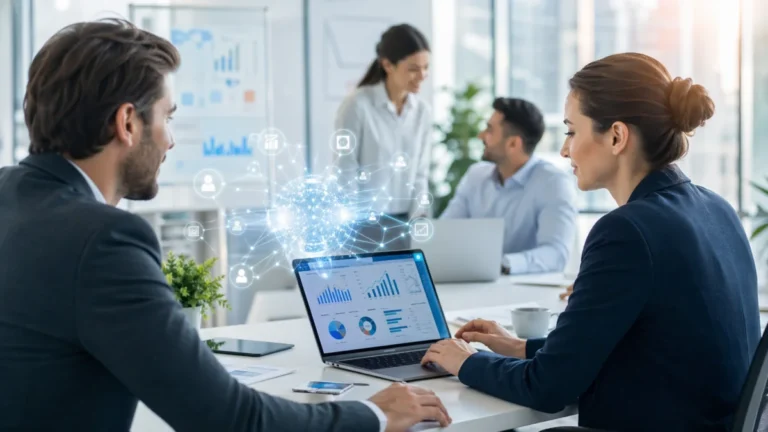 Echipă care analizează date într-un proces de business cu integrare AI și validare umană