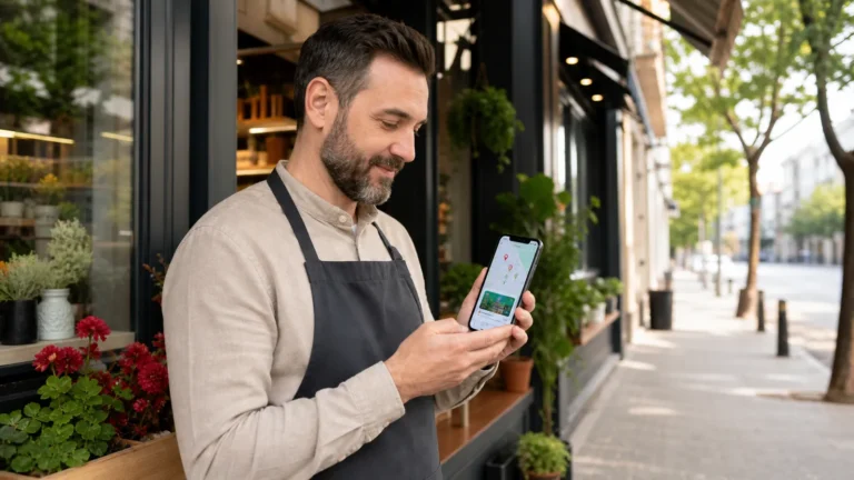 Proprietar de afacere locală care verifică poziționarea firmei pe o hartă online