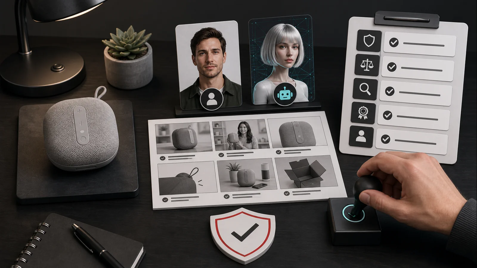 Flux de verificare pentru videoclipuri afiliate cu creator real, avatar AI, produs și aprobare umană