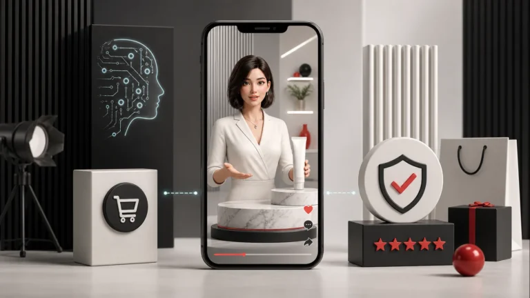 Ilustrație editorială despre un avatar AI, produse și încrederea cumpărătorilor în TikTok Shop