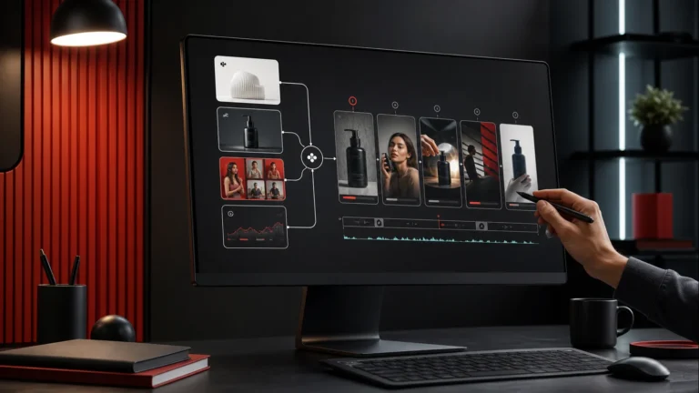 Ilustrație editorială despre un agent AI care transformă un brief de brand în reclame video și campanii cu creatori