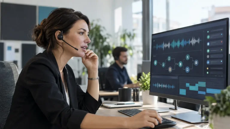 Specialistă care monitorizează un agent vocal GPT-Live-1 integrat într-o aplicație business
