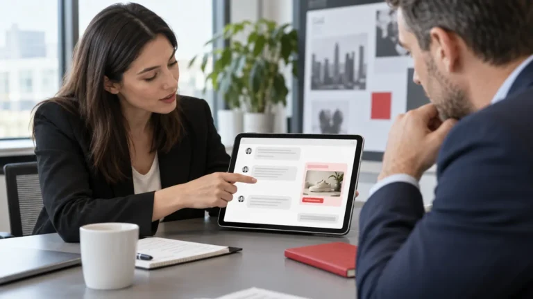 Consultant în marketing explică unui client o conversație pornită dintr-o reclamă
