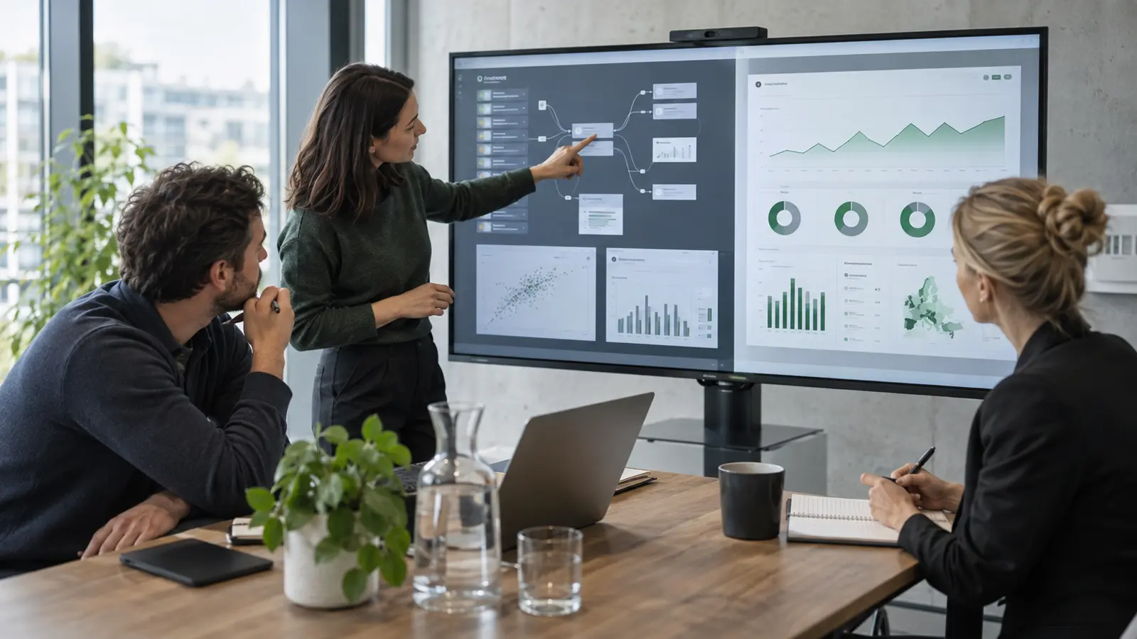 Echipă care verifică analiza unui data agent înainte de integrarea într-un dashboard business