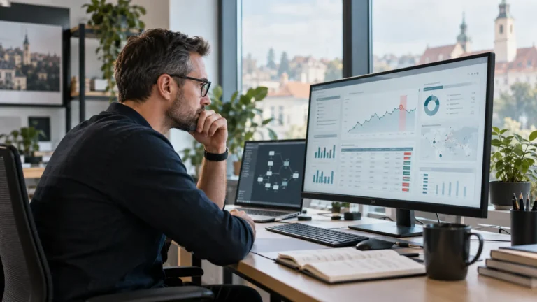 Analist care investighează datele companiei cu un data agent și un dashboard business