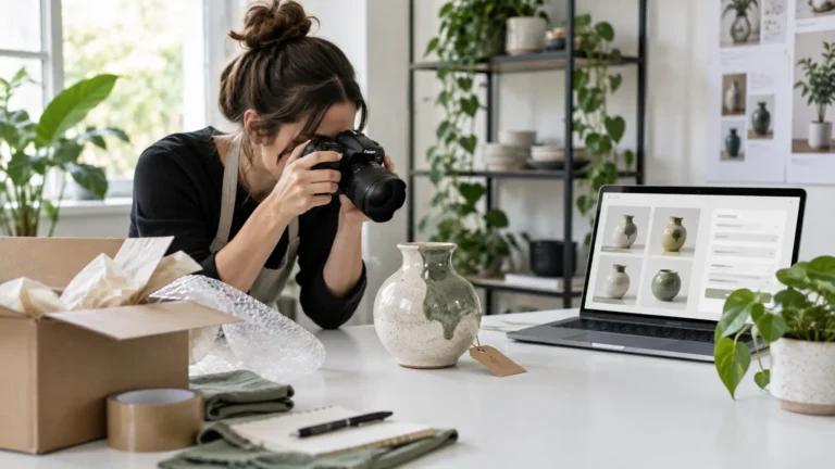Administrator de magazin fotografiază un produs pentru catalogul online