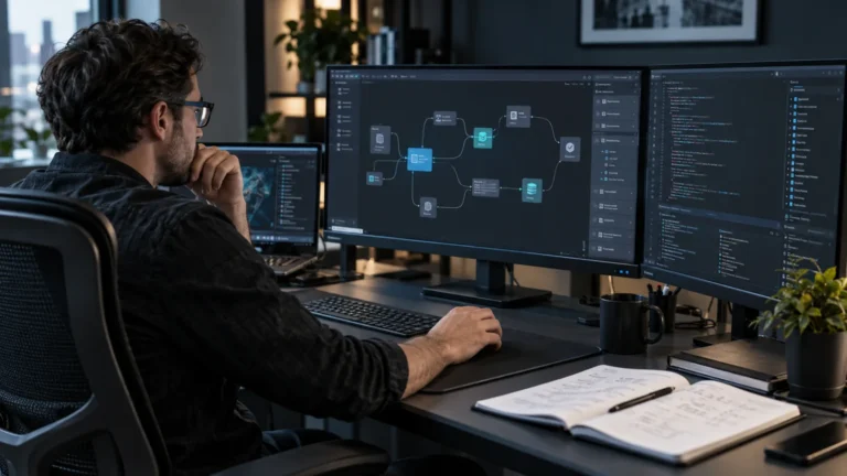 Arhitect software care proiectează o aplicație custom cu integrare AI și fluxuri de agenți