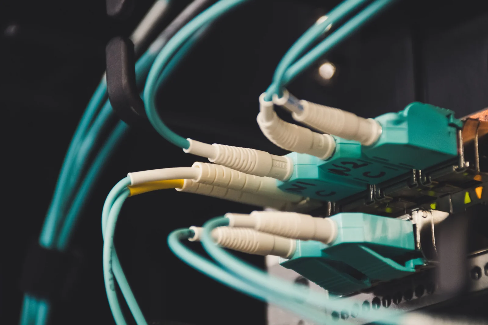 Cabluri de fibră optică și conectori montați în echipamente de rețea