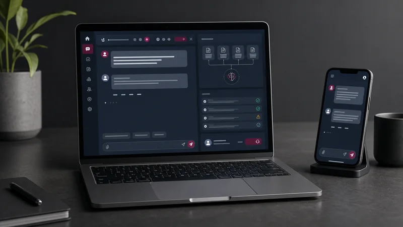 Laptop și telefon cu interfața conceptuală a unui asistent AI WordPress