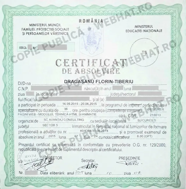 Certificat de absolvire pentru calificarea Designer pagini web, COR 216613