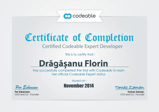 Certificate of Completion Codeable Expert Developer pentru Florin Drăgășanu