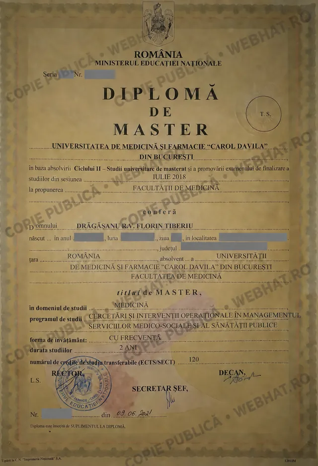Diplomă de master în managementul serviciilor medico-sociale și al sănătății publice, UMF Carol Davila