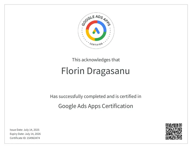 Google Ads Apps Certification emisă lui Florin Drăgășanu în 2025