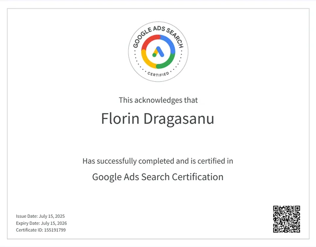 Google Ads Search Certification emisă lui Florin Drăgășanu în 2025