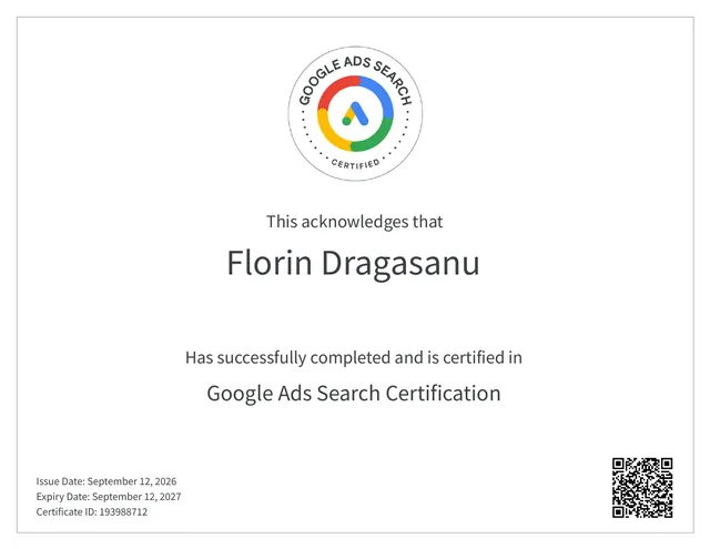 Google Ads Search Certification emisă lui Florin Drăgășanu în 2026