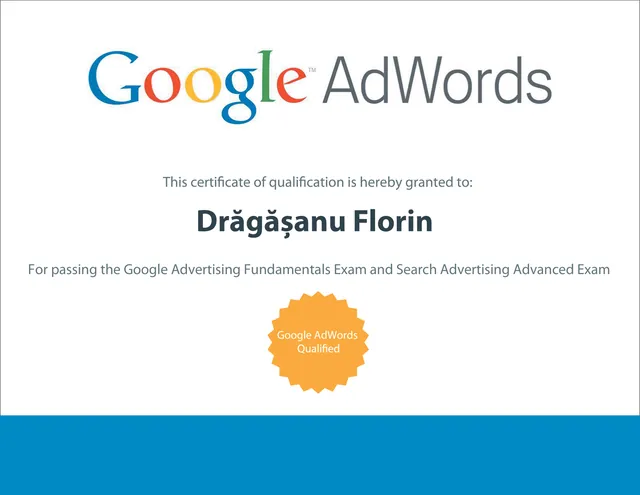 Certificare Google AdWords Qualified pentru Florin Drăgășanu