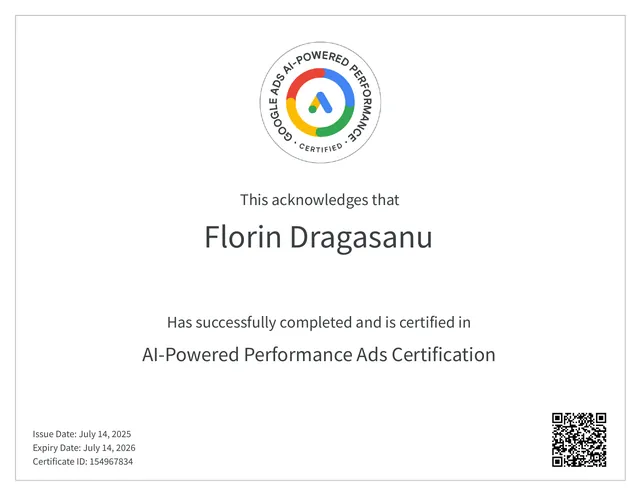 AI-Powered Performance Ads Certification emisă lui Florin Drăgășanu în 2025