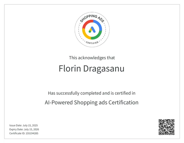 AI-Powered Shopping Ads Certification emisă lui Florin Drăgășanu în 2025