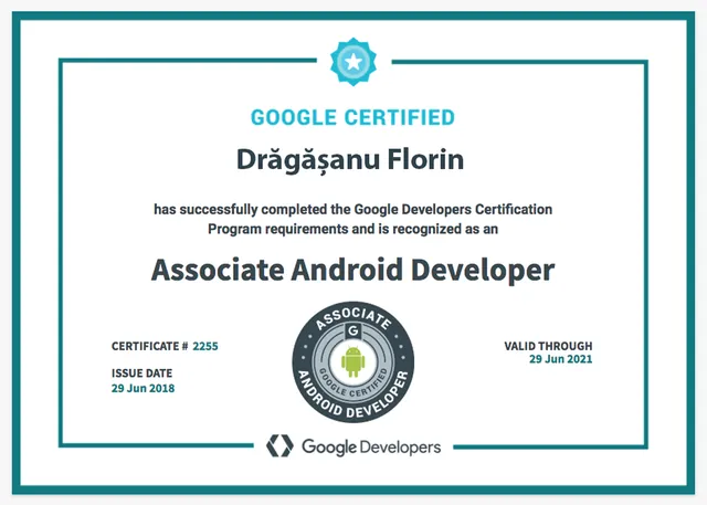 Certificare Google Associate Android Developer pentru Florin Drăgășanu