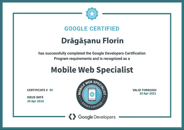 Certificare Google Mobile Web Specialist pentru Florin Drăgășanu