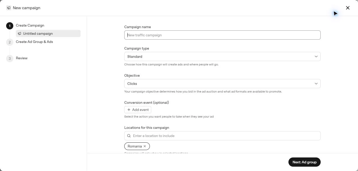 Interfața OpenAI Ads Manager pentru configurarea unei campanii, cu obiectiv, conversie și locație