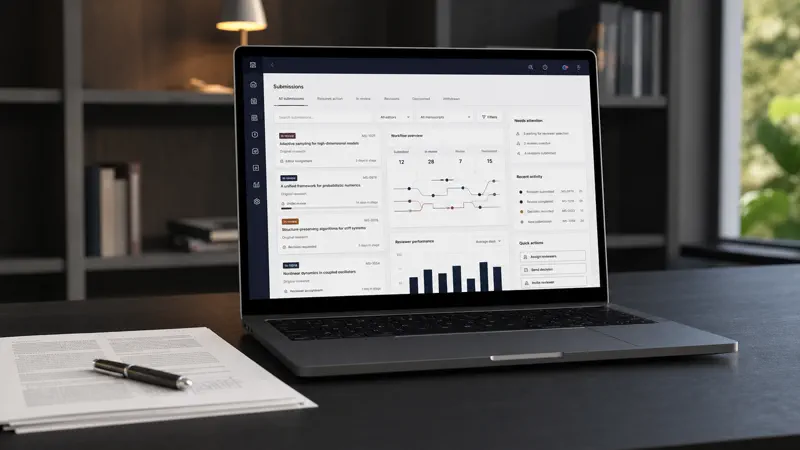 Platformă editorială pentru publicații științifice afișată pe laptop