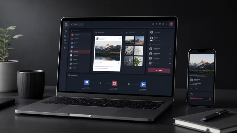 Laptop și telefon cu o interfață conceptuală pentru managementul campaniilor social media